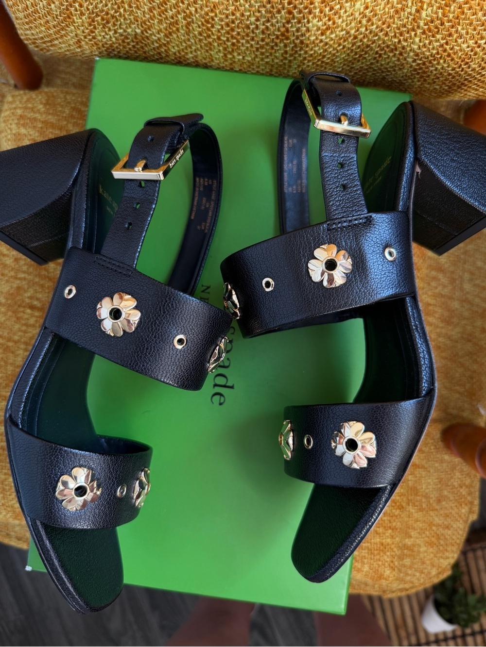 ♠️ Kate Spade Black Gold Flower Stud Block Heel 6.5 Summer Viral Slingback NWT